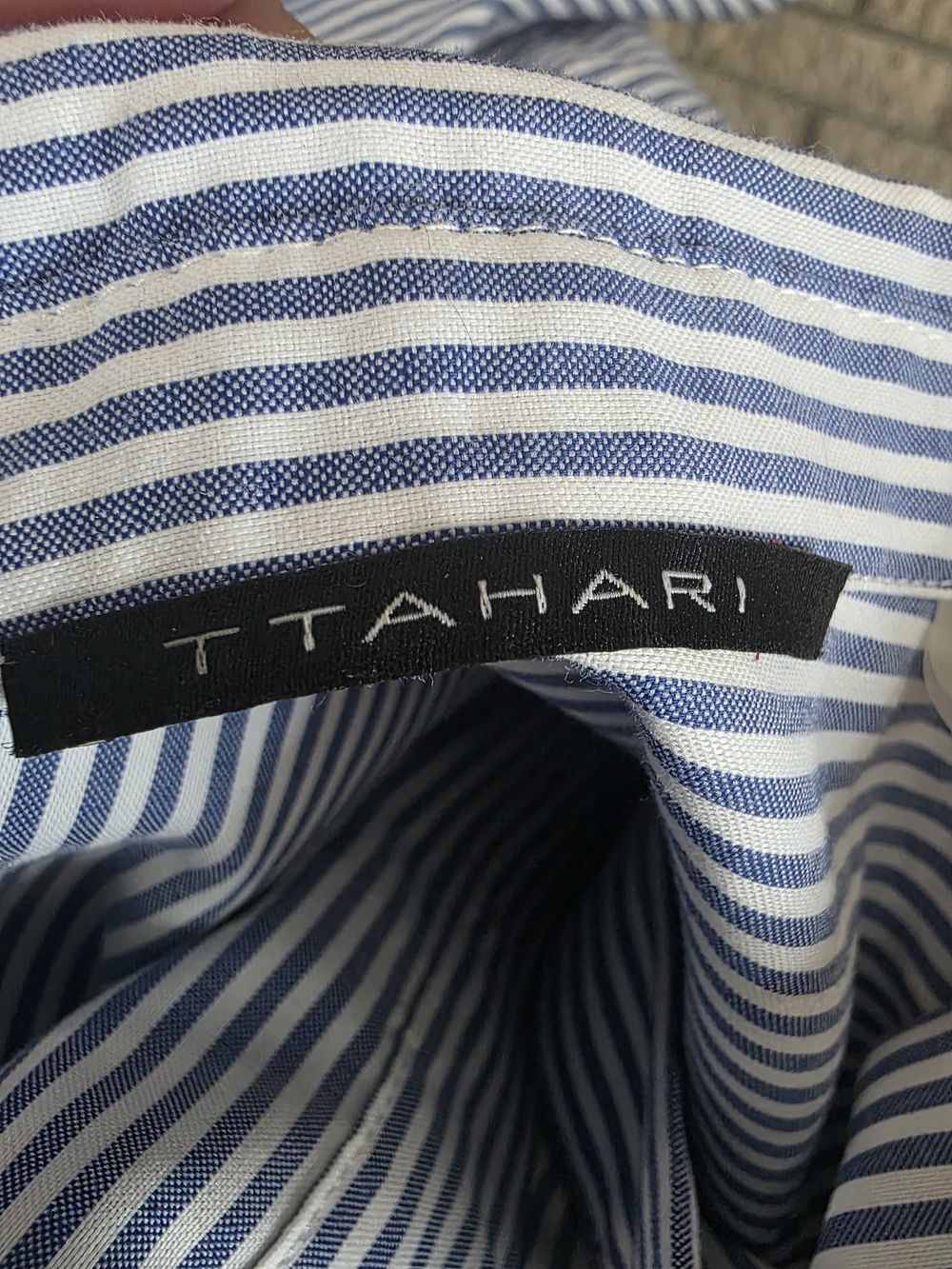 T Tahari Navy and White Striped Button-Up Shirt - Picture 2 of 7